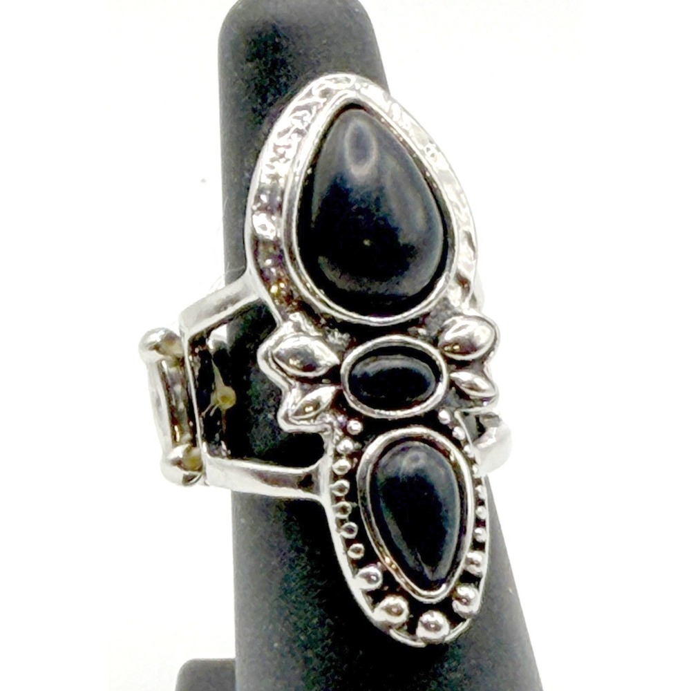 Black Stone Statement Long Ring‎ Adjustable Size 6–7 Boho Silver Tone